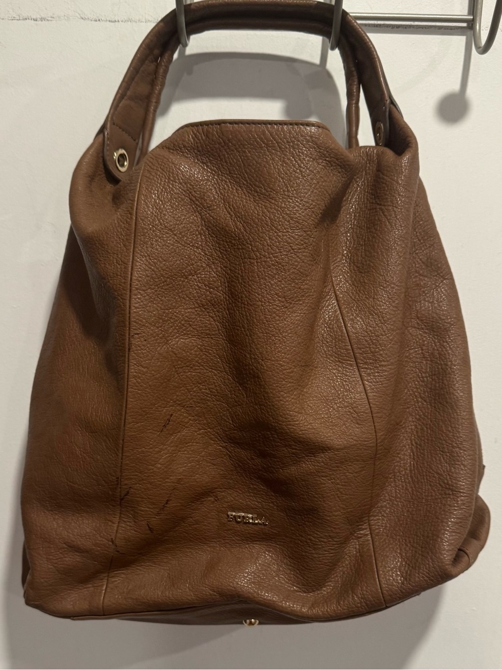 Furla Pebbled Leather Shoulder Hobo Tote bage purse Italy office party brown tan